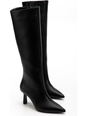 Dilimler Ayakkabı Kadın Çizme Siyah Ince Topuklu Suni Deri Sivri Burun