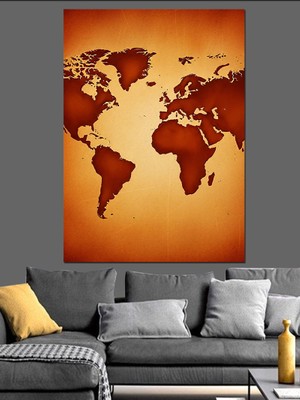 Karizma Tablo Kahverengi Dünya Haritası Silüeti Dekoratif Kanvas - Mdf Ahşap Tablo