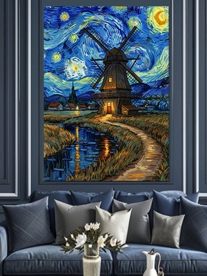 Karizma Tablo Yıldızlı Gece Yel Değirmeni Dekoratif Kanvas - Mdf Ahşap Tablo