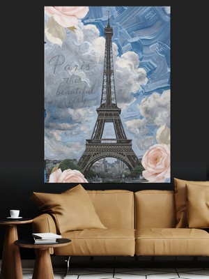 Artmeg Eyfel Kulesi Çiçekli Manzara Dekoratif Kanvas - Mdf Ahşap Tablo