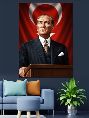 Karizma Tablo Atatürk Türk Bayrağı Fonlu Dekoratif Kanvas - Mdf Ahşap Tablo