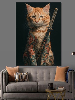 Artmeg Dövme Desenli Kedi Samuray Dekoratif Kanvas - Mdf Ahşap Tablo