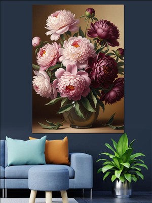 Karizma Tablo Vazoda Pembe Şakayık Çiçekleri Dekoratif Kanvas - Mdf Ahşap Tablo