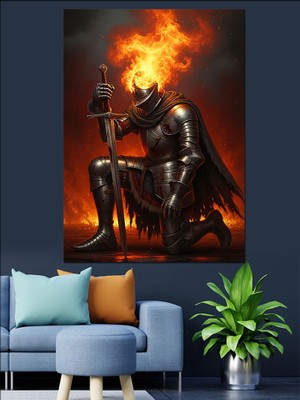 Karizma Tablo Alevli Şövalye Asker Çizimi Dekoratif Kanvas - Mdf Ahşap Tablo