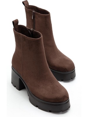 Dilimler Ayakkabı Topuklu Bot Kadın Platform Kahverengi Süet Yüzüdüz Fermuarlı