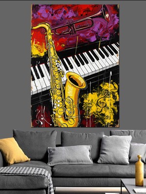 Artmeg Saksafon Piyano Müzik Notası Dekoratif Kanvas - Mdf Ahşap Tablo