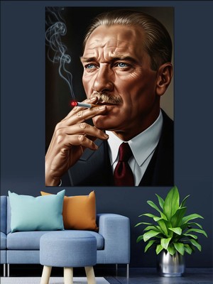 Artmeg Sigara Içen Atatürk Portresi Dekoratif Kanvas - Mdf Ahşap Tablo