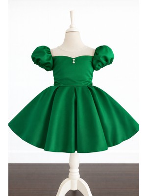 Musgem Özel Tasarım Zümrüt Yeşili Kısa Kol Inci Detaylı Kız Çocuk Abiye Elbise