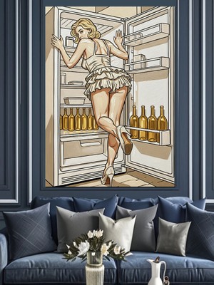 Artmeg Buzdolabında Duran Kadın Çizimi Dekoratif Kanvas - Mdf Ahşap Tablo