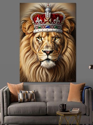 Karizma Tablo Taç Takan Aslan Kral Dekoratif Kanvas - Mdf Ahşap Tablo