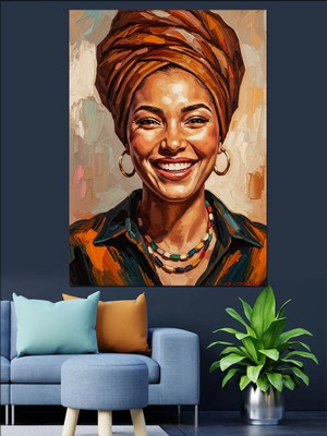 Artmeg Gülümseyen Afrikalı Kadın Portresi Dekoratif Kanvas - Mdf Ahşap Tablo