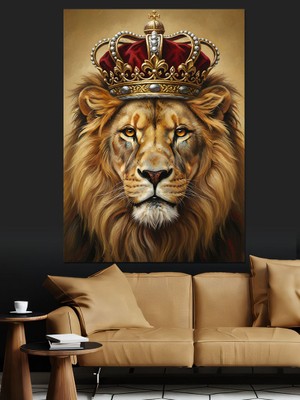 Karizma Tablo Taç Takan Aslan Kral Dekoratif Kanvas - Mdf Ahşap Tablo