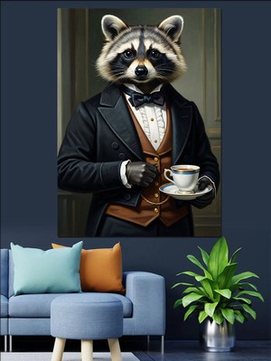 Artmeg Kahve Içen Takımelbiseli Rakun Dekoratif Kanvas - Mdf Ahşap Tablo