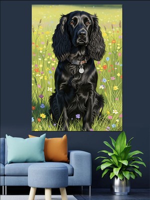 Artmeg Çiçekli Tarlada Dachshund Köpek Dekoratif Kanvas - Mdf Ahşap Tablo