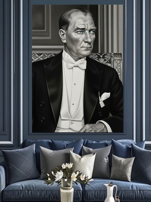Artmeg Smokinli Atatürk Siyah Beyaz Dekoratif Kanvas - Mdf Ahşap Tablo