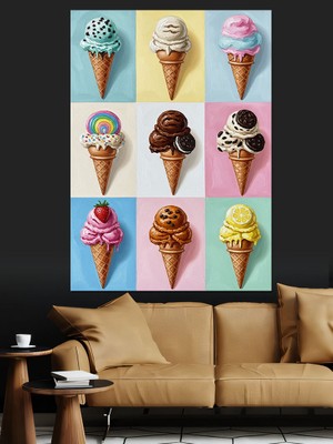 Artmeg Renkli Dondurma Külahları Posteri Dekoratif Kanvas - Mdf Ahşap Tablo