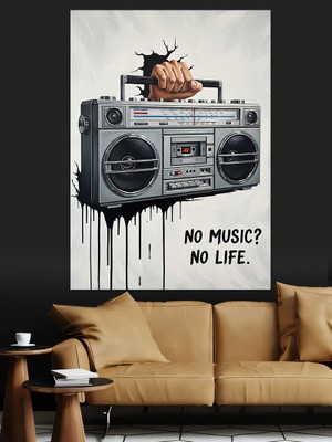 Artmeg Gri Radyo Müzik Posteri Dekoratif Kanvas - Mdf Ahşap Tablo
