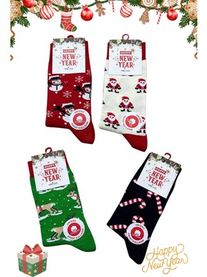 Nisanca Yılbaşı Temalı Unisex Çorap Seti 4’lü – Noel Baba, Kardan Adam & Şeker Kamışı Desenli | 36-42