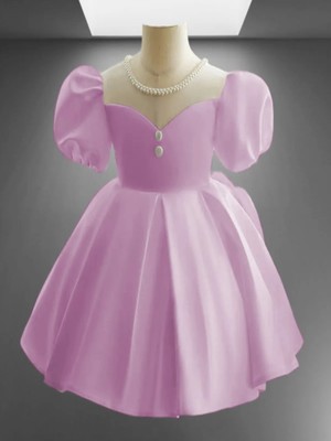 Musgem Özel Tasarım Pembe Kısa Kol Inci Detaylı Kız Çocuk Abiye Elbise