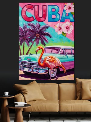 Tablomega Küba Pembe Araba Flamingo Dekoratif Kanvas - Mdf Ahşap Tablo