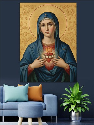 Tablomega Meryem Ana Kutsal Kalp Dekoratif Kanvas - Mdf Ahşap Tablo