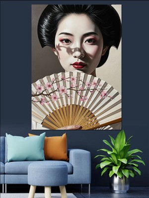 Artmeg Geyşa Yüzü Japon Yelpaze Dekoratif Kanvas - Mdf Ahşap Tablo