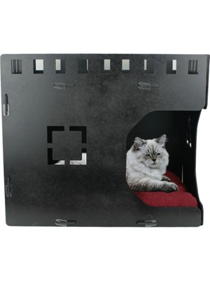 Feyza Design Büyük Ahşap Kedi Yatağı, Siyah Parlak Küp Tasarım 50X35 cm