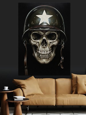 Karizma Tablo Miğferli Asker Kuru Kafa Dekoratif Kanvas - Mdf Ahşap Tablo