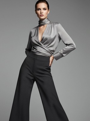 Rivus Fular Yaka Saten Gömlek Bluz - Gri