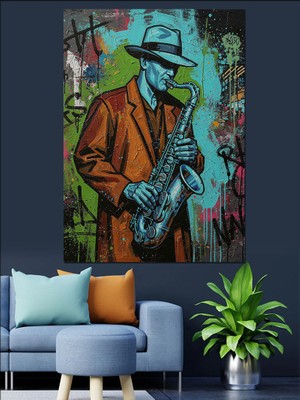 Artmeg Saksafon Çalan Müzisyen Çizimi Dekoratif Kanvas - Mdf Ahşap Tablo