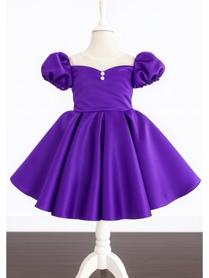 Musgem Özel Tasarım Mor Kısa Kol Inci Detaylı Kız Çocuk Abiye Elbise