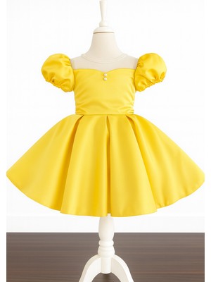 Musgem Özel Tasarım Sarı Kısa Kol Inci Detaylı Kız Çocuk Abiye Elbise
