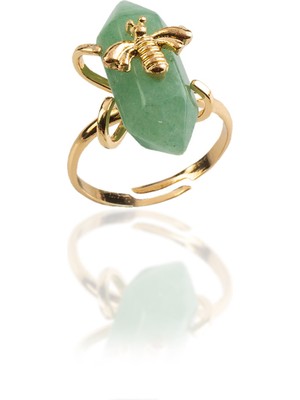 Aventurin Doğal Taş Çift Uçlu Prizma Kesim Pirinç Üzeri Altın Kaplama Ayarlanabilir Yüzük