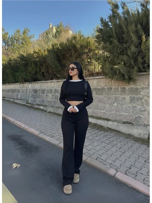 StockMount Kadın Siyah Beyaz Detaylı Fitilli Uzun Kol Bluz Bol Paça Pantolon Alt-Üst Takım