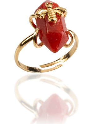 Akik Doğal Taş Çift Uçlu Prizma Kesim Pirinç Üzeri Altın Kaplama Ayarlanabilir Yüzük