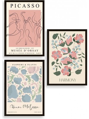 Marsilyan Ünlü Tablolar Üçlü Ahşap Çerçeveli Tablo 23 x 30