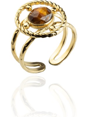 Kaplan Gözü Doğal Taş Çelik Faset Oval Kesim Ayarlanabilir Yüzük