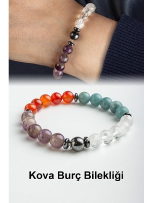 Kova Burç Bilekliği Ametist-Kristal Kuvars-Akik-Akuamarin Doğal Taş 8mm Bileklik