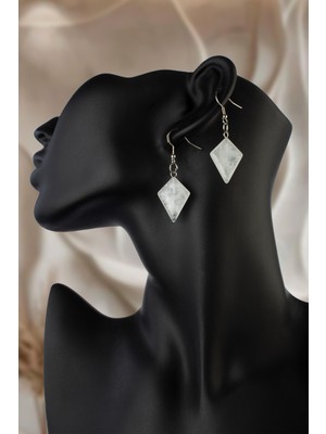 Kristal Kuvars Taşı Rhombus Kesim Doğal Taş Küpe