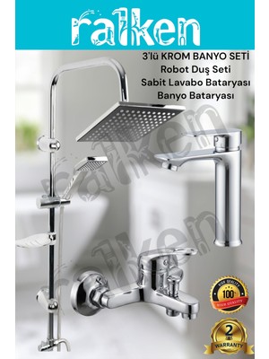 Ralken 3'lü Banyo Seti; Krom Robot Duş Seti, Banyo Bataryası ve Sabit Lavabo Bataryası - Yağmurlama Tepe Duş Takımı