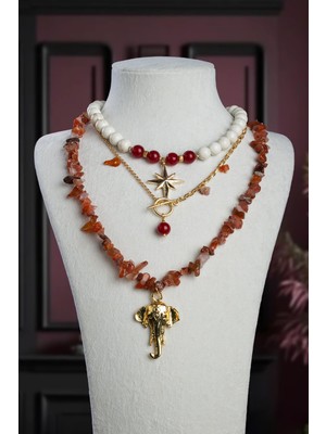 Turkuaz Doğal Taş & Akik Doğal Kırık Taş 3 Lu Kombin Kolye