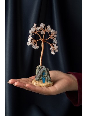 Pembe Kuvars Taşı El Yapımı 5X12CM Doğal Taş Dekoratif Hayat Ağacı