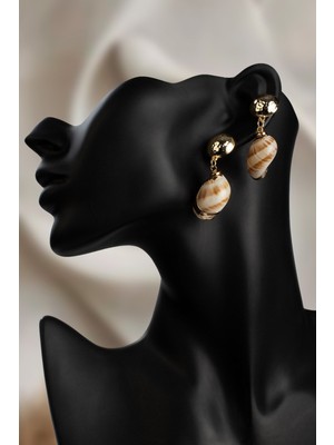 Sedef Taşı-Deniz Kabuğu Doğal Taş Ekru Küpe