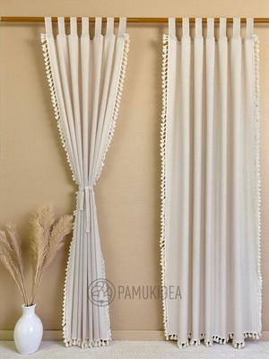 PAMUKIDEA Biritli Krem Ponponlu - Püsküllü %100 Pamuklu Buldan Keten Rustik Perde - Tek Kanat - (En x Boy)