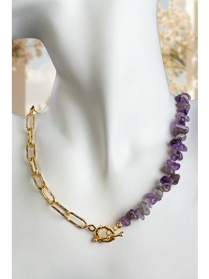 Ametist Doğal Kırık Taş Yarısı Zincir T Kapama Kolye