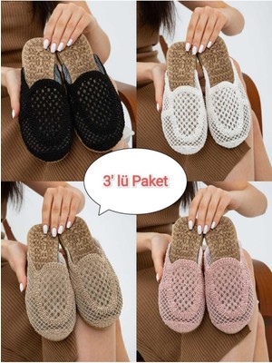 Moda Devrin 3'lü Paket Önü Kapalı Hasır Örgü Dış Mekan ve Ev Terliği Çeyiz Bohça Seti