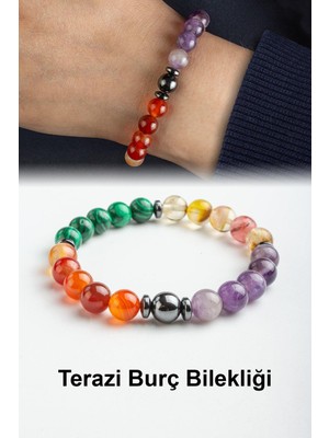 Terazi Burç Bilekliği Karnelyan Akik-Sıkma Malakit-Ametist-Kuvars Doğal Taş 8mm Bileklik