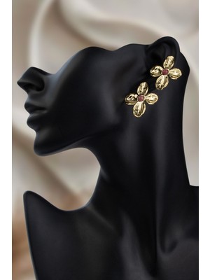 Rodonit Taşı Çiçek Kaplamalı Küre Kesim Doğal Taş Çelik Küpe