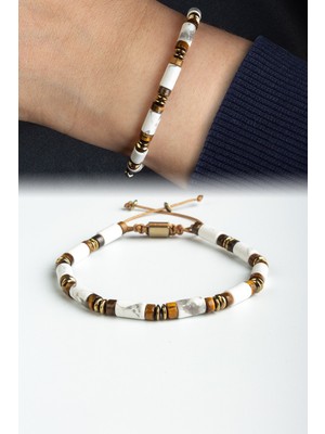 Kaplan Gözü - Havlit Doğal Taş Silindir Kesim Makrome Bileklik