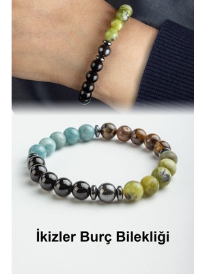 Ikizler Burç Bilekliği Oniks-Yeşim-Kaplan Gözü-Akuamarin Doğal Taş 8mm Bileklik